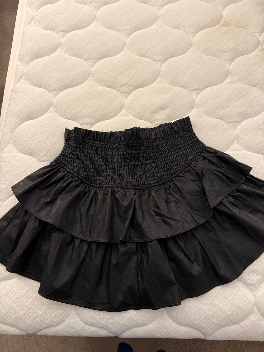 fab'rik Black Faux Leather Smocked Tiered Ruffle Mini Skirt